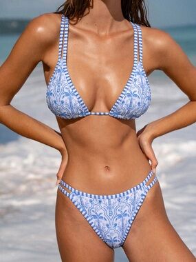 Blue & White Printed Strappy Triangle Bikini